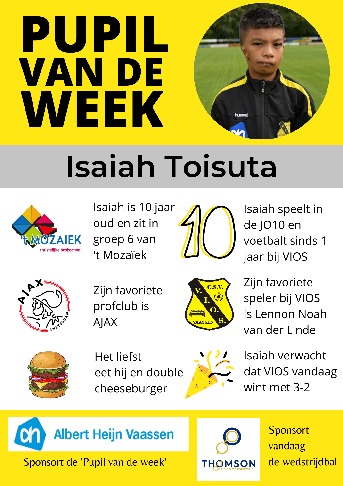 Pupil van de week: Isaiah Toisuta - c.s.v. VIOS Vaassen